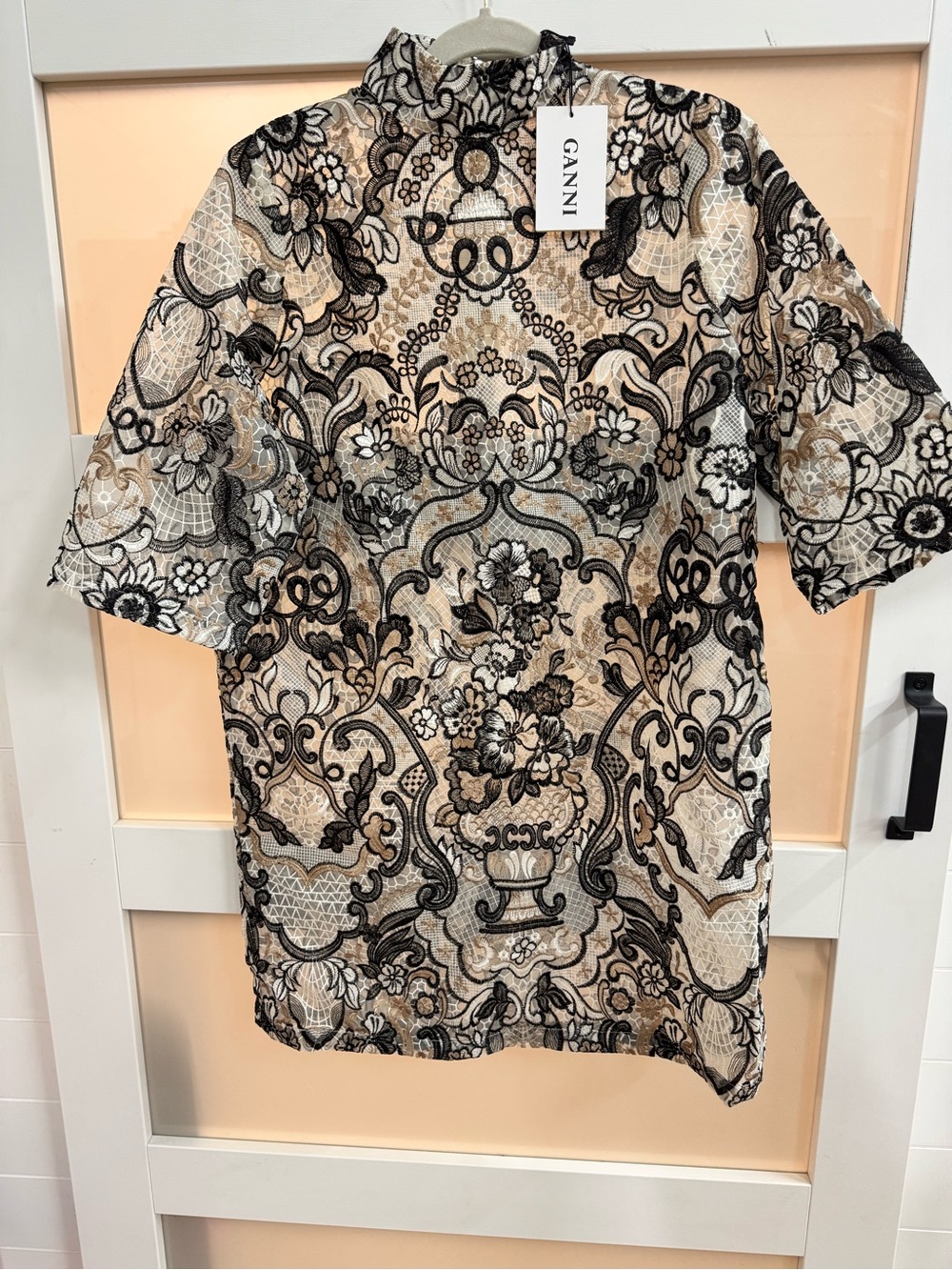 Ganni Beige and Black Floral Lace-Effect Short Sleeve Top
